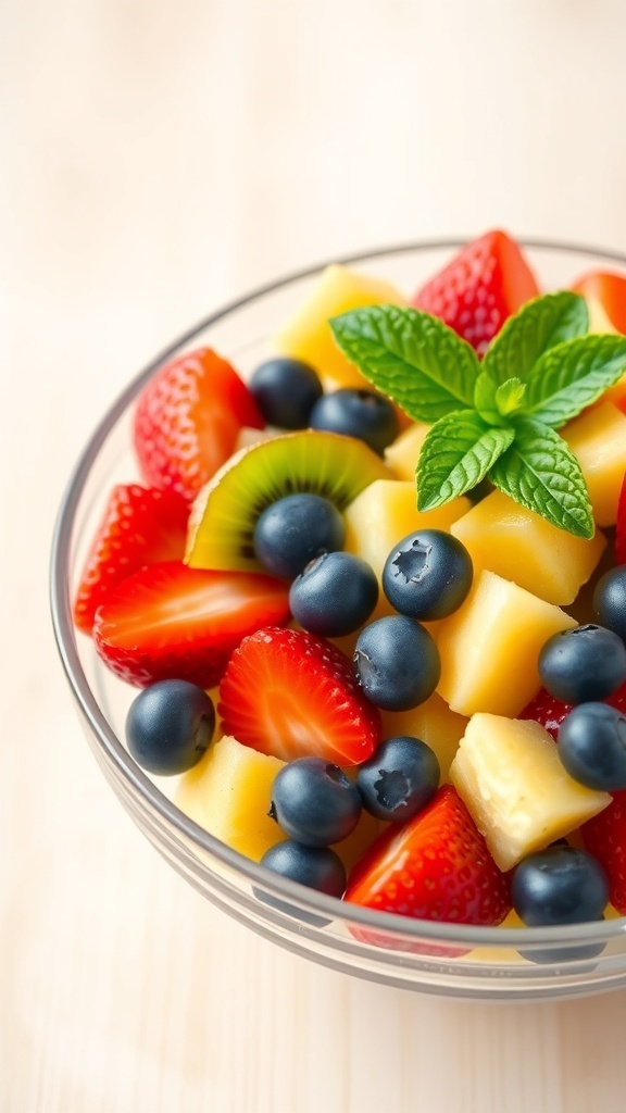 A colorful fruit salad with watermelon, strawberries, kiwi, blueberries, and pineapple in a bowl, garnished with mint.